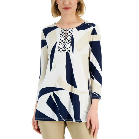 JM Collection Petite Printed 3/4 Sleeve Tunic Intrepid Blue Combo PS