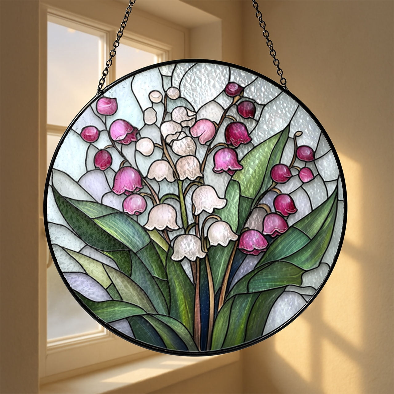 Faux Stained Glass Pink Lily of the Valley Acrylic Panel, Home Window Art
