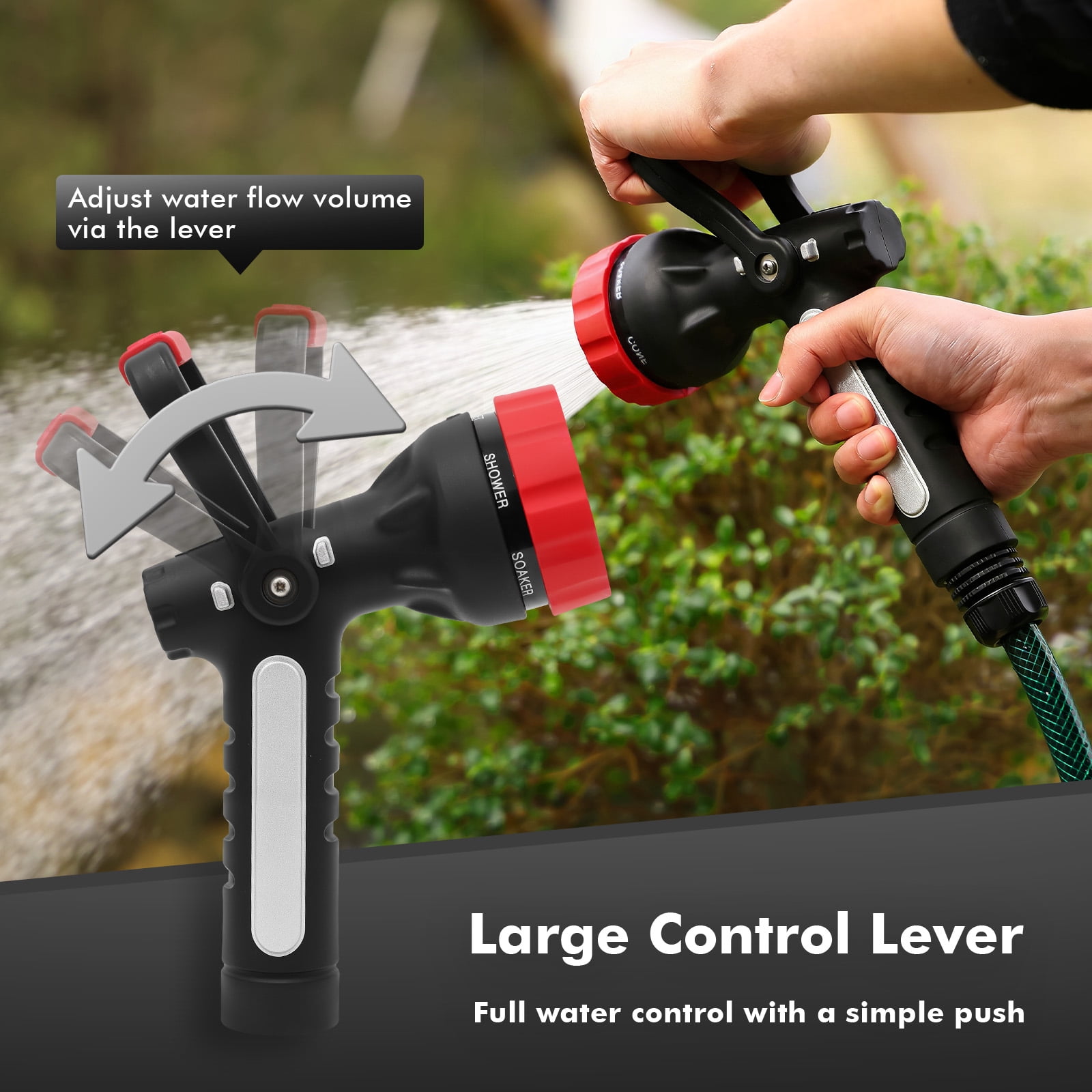 Restmo Heavy Duty Garden Hose Nozzle, High Pressure Fireman Style Nozzle with Lever Handle and Slip Ergonomic Grip, 6 Adjustable Spray Patterns for Watering Lawn and Garden, Washing Car & Cleaning