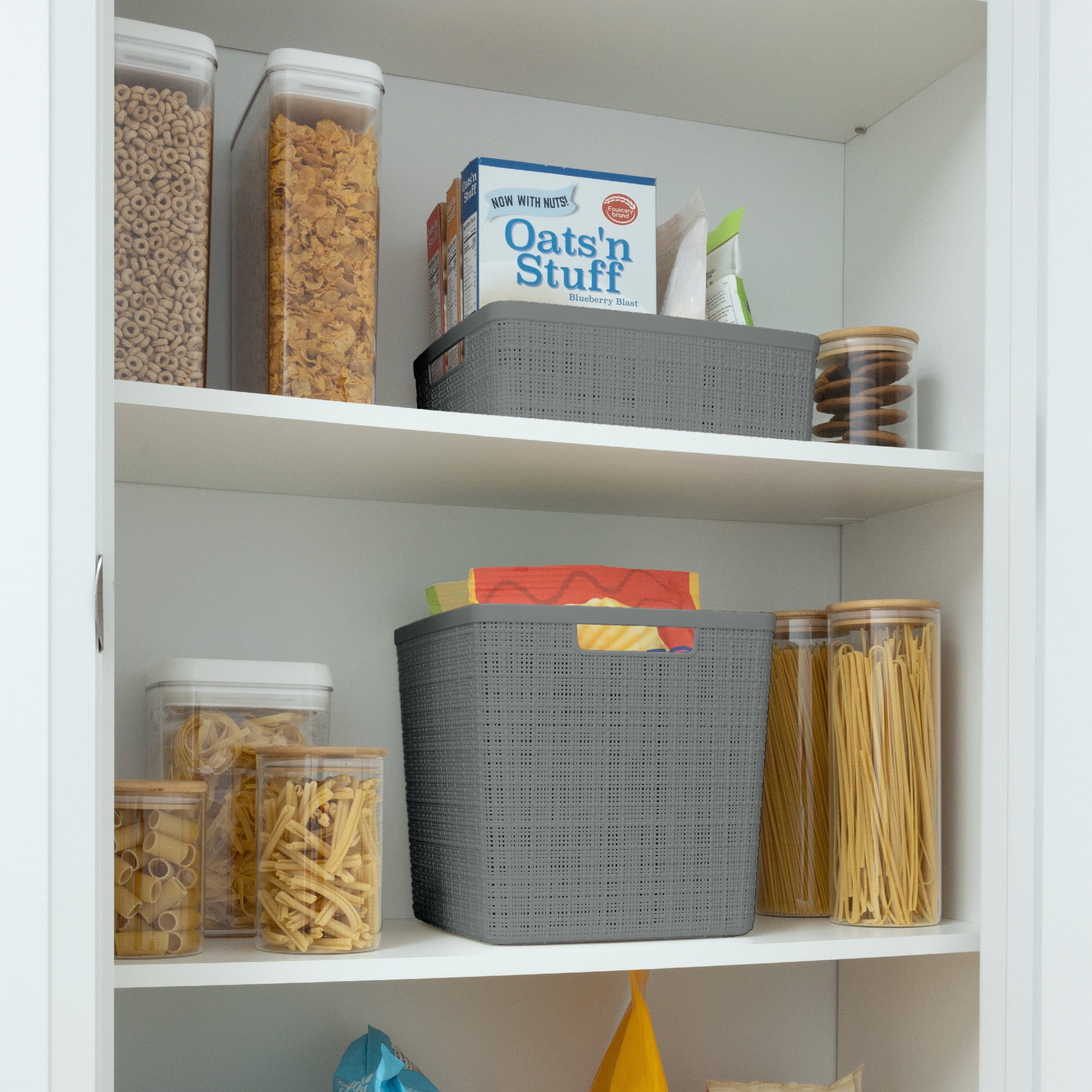 Curver Set of 4 Jute Basket Cube Durable Resin Organization and Storage Basket Bin, Grey
