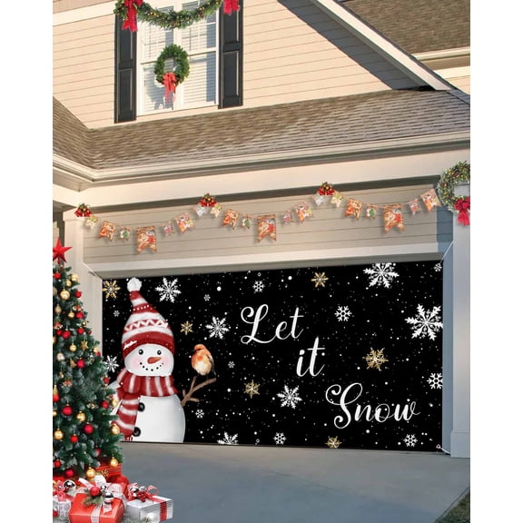 Garage Door Banner Cover 6 x 13 ft, Christmas Snowman Snowflake Branch Bird Black Christmas Garage Door Decorations Holiday Christmas Backdrop Decor for Winter New Year Xmas Party