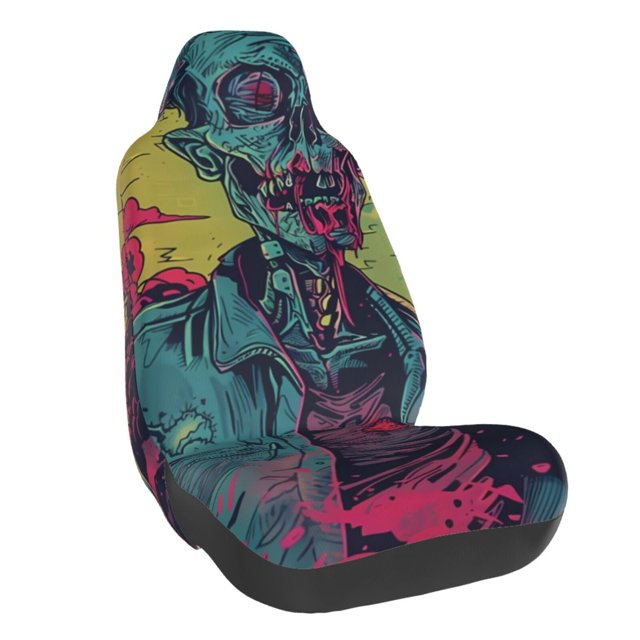 Wukai Neon Zombie Skull Full Set Car Seat Covers with Soft Padding Universal Auto Front Seats Protector and Cushion Mat