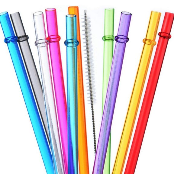 10.5 in Long Rainbow Colored Reusable Plastic Replacement Straws for 16 OZ 20 OZ 30 OZ, Set of 10 with Cleaning Brush