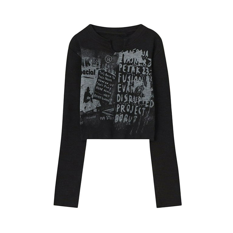 Inevnen Women Y2K Graphic T-Shirt Ribbed Long Sleeve Crop Top