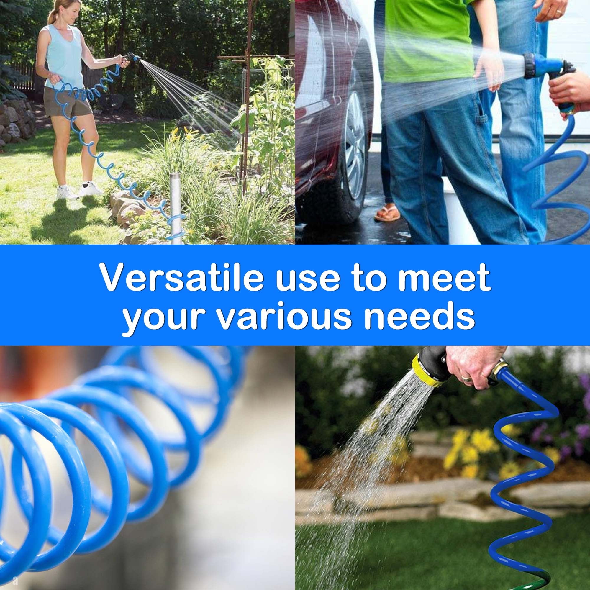 FUNJEE 1/2" Heavy-Duty EVA Coil 15 ft Garden Hose with 1/2" GHT Solid Brass Fittings, Water Hose with Brass Connectors (25FT, Blue)