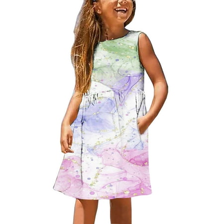 

Odeerbi Toddler Dress Kids Teen Girls Cute Dresses Flower Multicolour Print Dress Baby 2024 Fashion Cute Sleeveless Dress Green