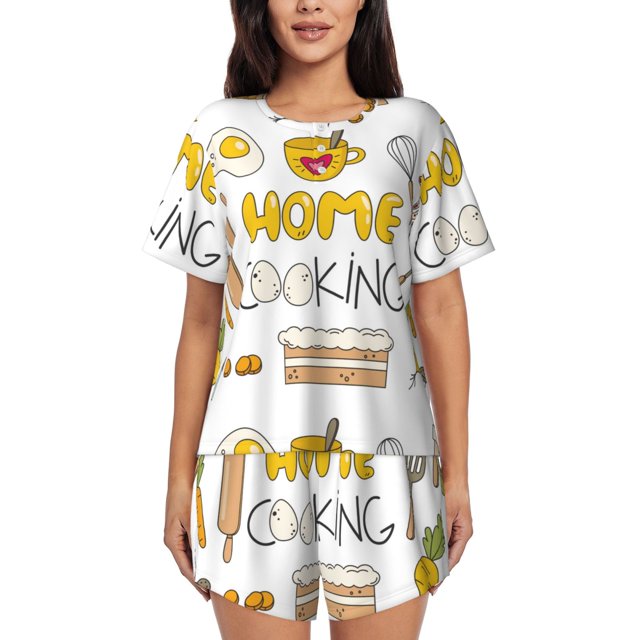 Balery Home Cooking Conjunto de Pijama para Mujer con Estampado, Dos Piezas de Manga Corta y Shorts, Ropa de Dormir Suave con Cuello Redondo y Bolsillos-3X-Large