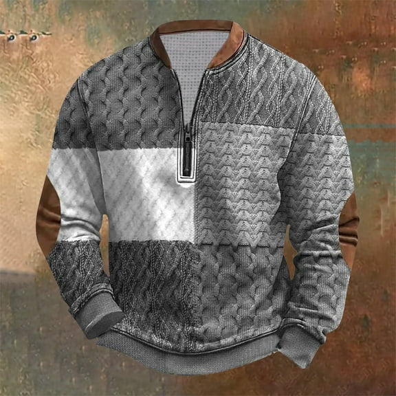 gbyLJF Men's Quarter Zip Pullover Top Color-blocked Knitted Printed Long Sleeve Sweatshirt Loose Fit Round Neck Sweater