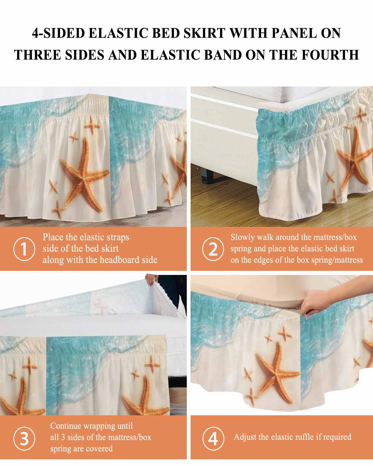 Ocean Beach Bed Skirt King Size 18" Drop Coastal Starfish Summer Nautical Ruffled Wrap Around Bed Skirts Adjustable Elastic Bedskirt Dust Ruffle for King Size Bed
