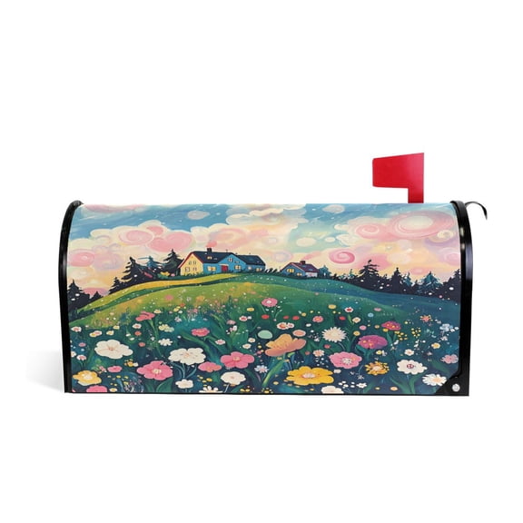 Mailbox Covers Magnetic Large Size Post Box Cover Wrap Outside Waterproof Home Yard Garden Decor Hillside with Wildflowers and Houses 25.5x21