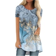 Yyeselk Plus Size Women Summer T-Shirts Leisure Round Neck Short Sleeves Tunic Tops Casual Marble Print Curved Hem Design Long Blouses Light Blue XXL