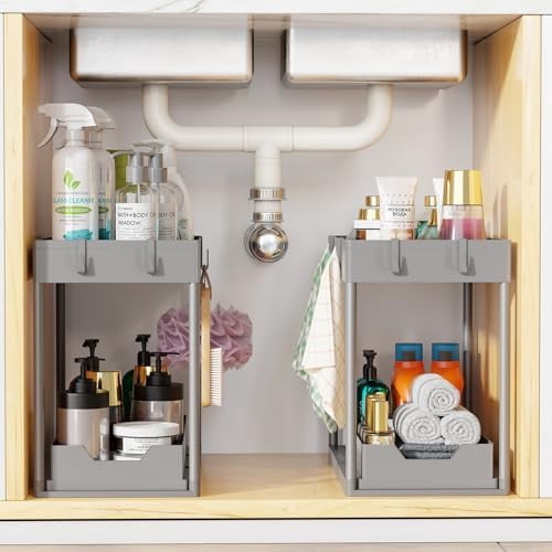 Under Sink Organizer 2 Pack, Sink Pull-Out Sliding Storage Cabinet, 2-Tier Under Shelf Organizer for Kitchen Bathroom, Grey