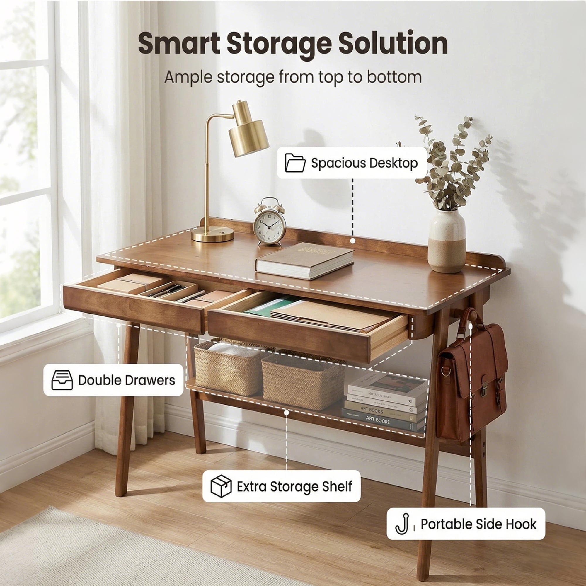 Leumius Solid Wood Writing Desk, Home Office Desk for Small Spaces, Mid Century Modern Desks with 2 Drawers and Storage Shelf, Standing Desk with Side Hooks for Study Bedroom Office Walnut