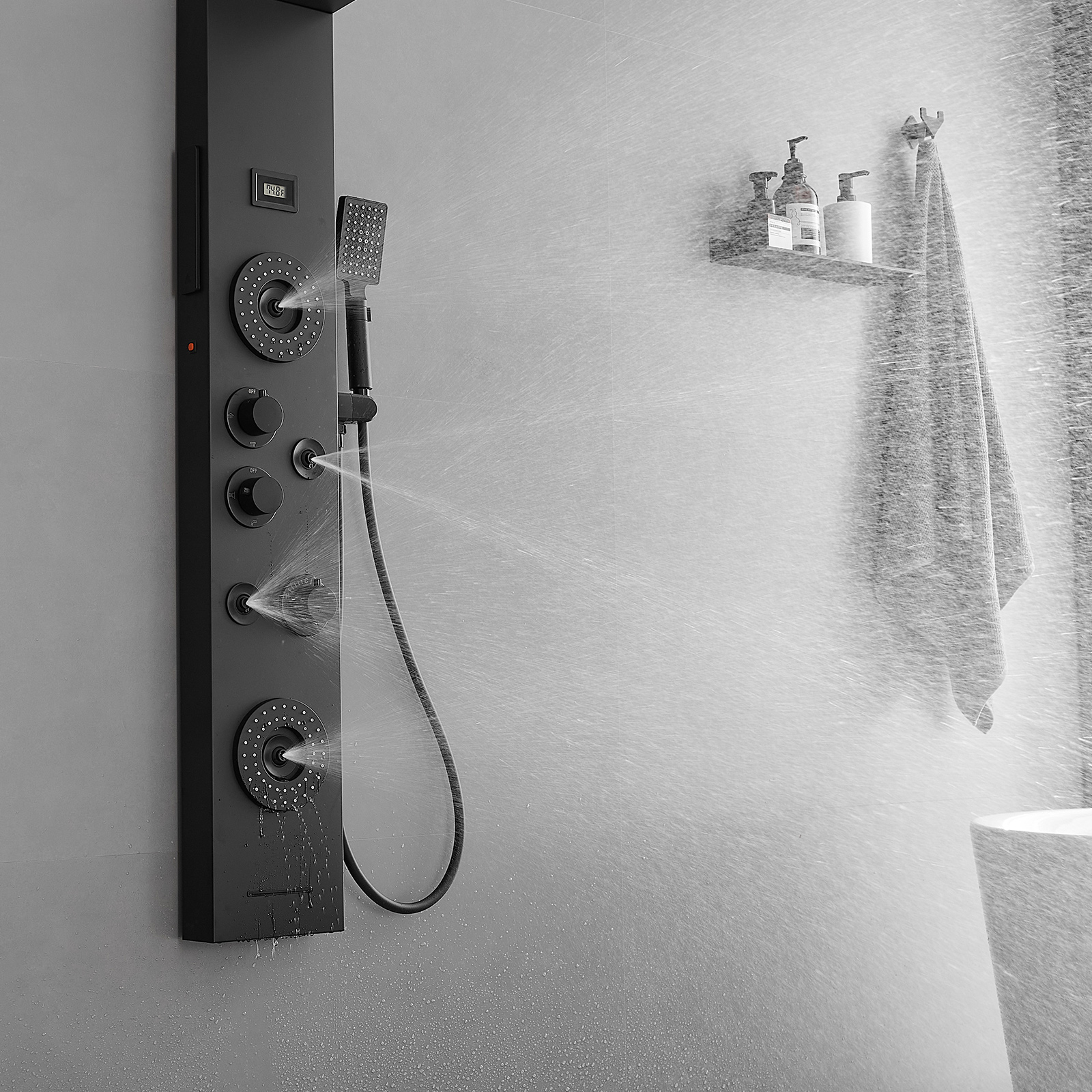 5-Jet Rainfall Shower Panel System with Rainfall Waterfall Shower Head and Shower Wand With LED Light in Stainless Steel