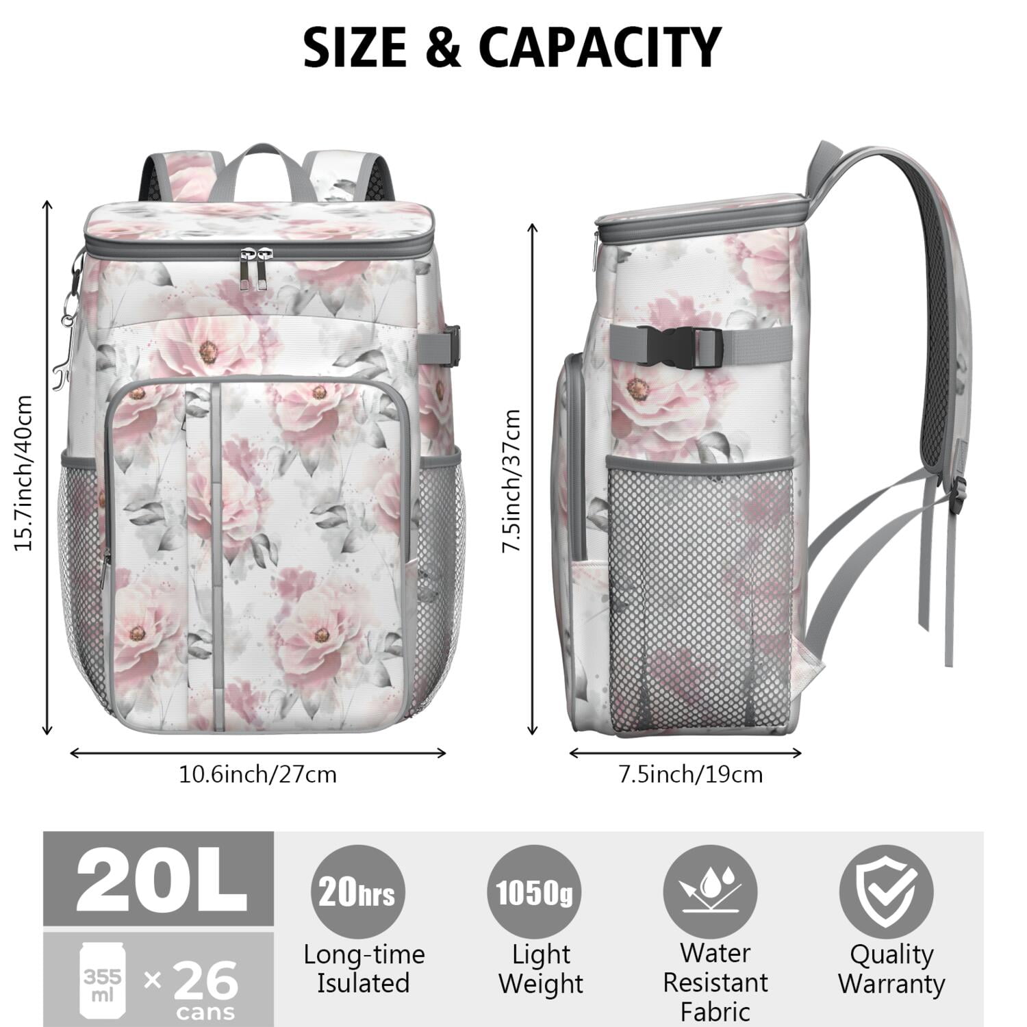 Travel Cooler Bag - Pioneer Flower Floral Print Pattern Camping Beer Cooler Backpack with Bottle Opener- Waterproof Insulated Picnic Backpacks - Cooler Bag for Beach