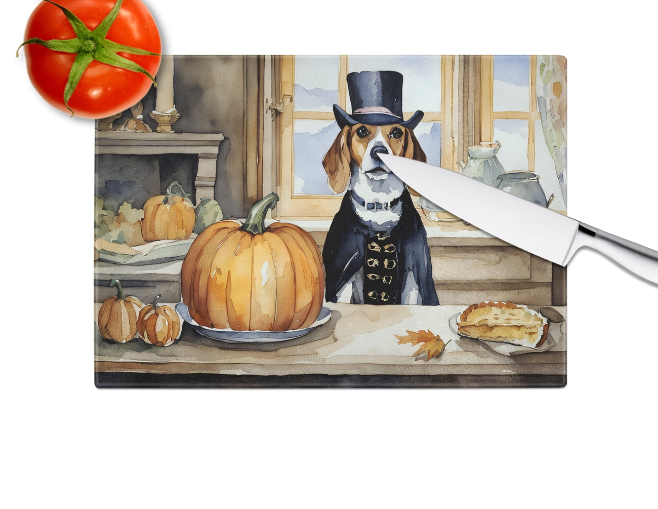Beagle Fall Kitchen Pumpkins Glass Cutting Board Large 12 in x 15 in