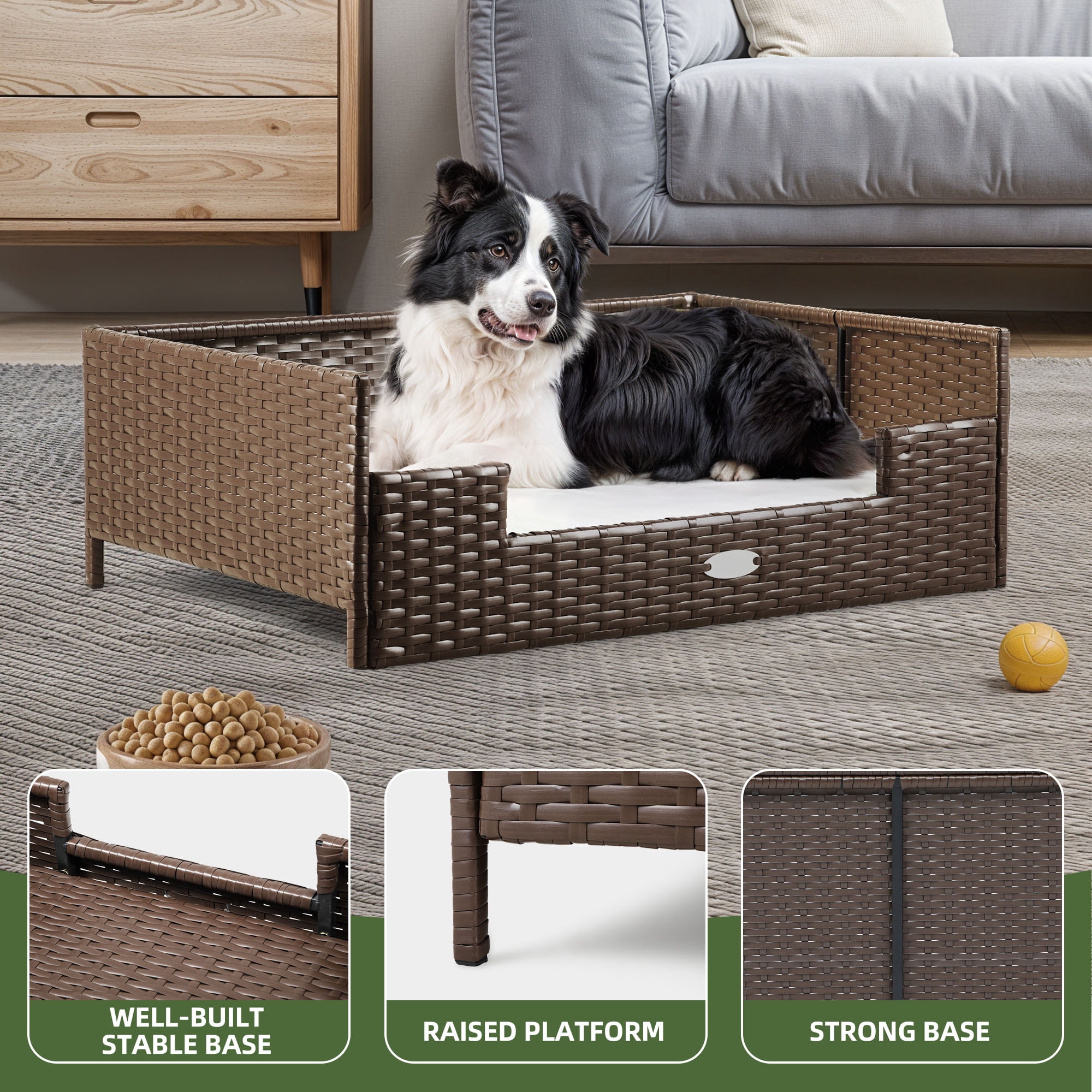 Uforic Rattan Dog Sofa Bed with Beige Cushion,Wicker Pet Bed Sofa Indoor Outdoor,All-weather Protection, Brown&Beige,34.6"L x 23.6"W x 11.8"H