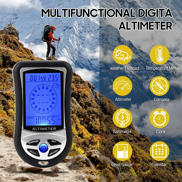 Barometer Altimeter Compass LCD Digital Thermometer Watches-Hygrometer  Weather Forecast Hand-Hold Hiking Flashlight Altimeter