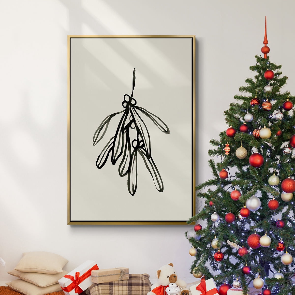 Mistletoe Sketch II - Framed Gallery Wrapped Holiday Canvas - 27 x 41 - Gold Frame