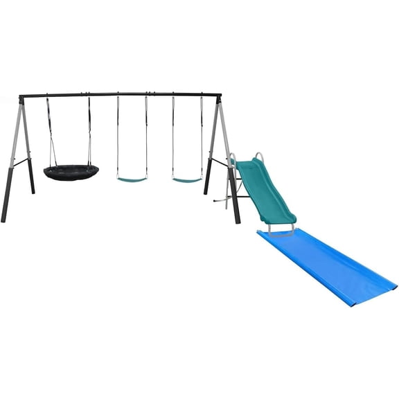 Lark Benton 5-Child Swing Set Wavy Water Slide & 6 Ft Water Tarp, Disc Swing, 2 Sling Swings, with Adjustable Heavy Duty Ropes, 16-Gauge Weather Resistant Steel Frame