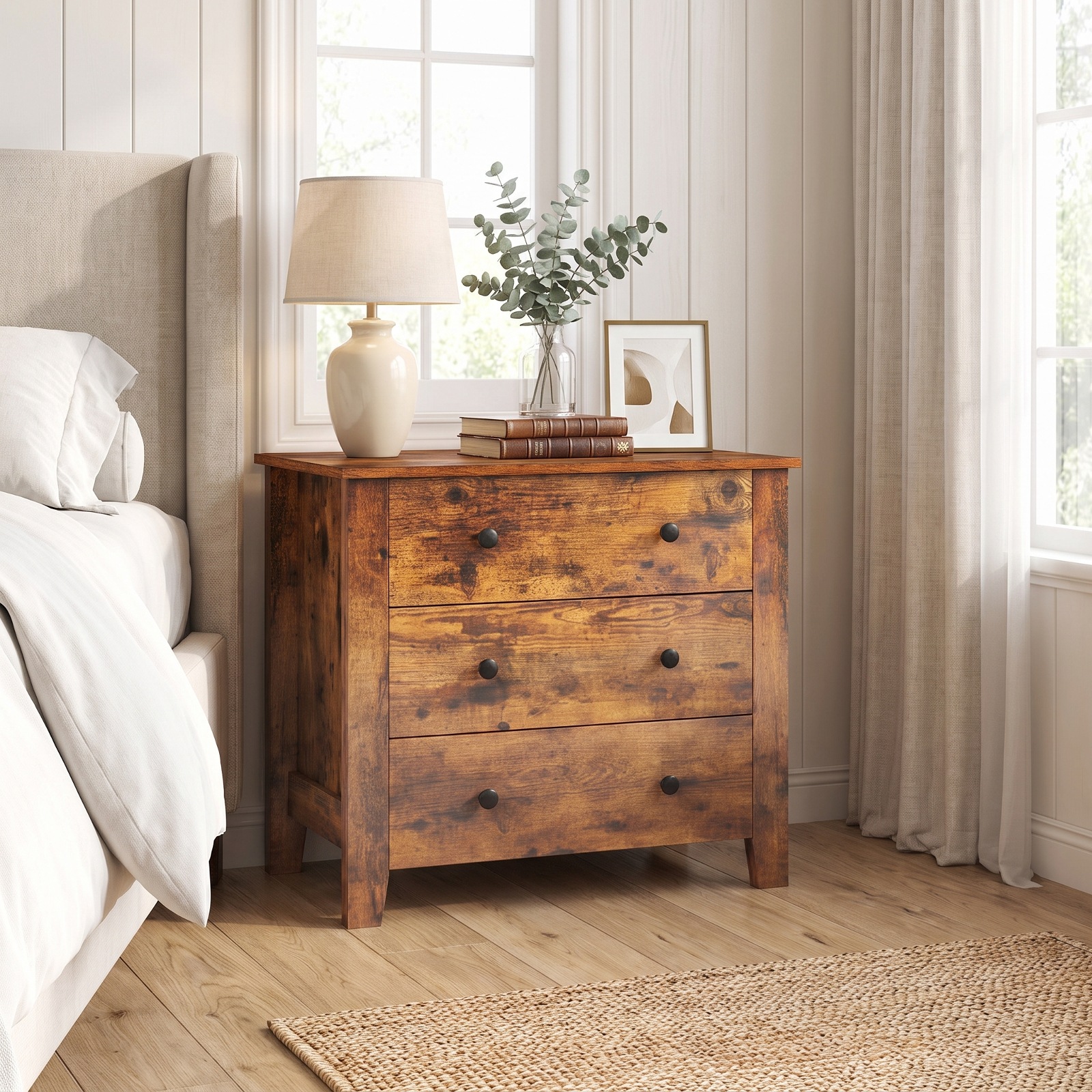 Furnibear 3 Drawer Dresser Chest of Drawers Bedside Table for Bedroom Closet Living Room Nursery Clothes Storage, Rustic Brown