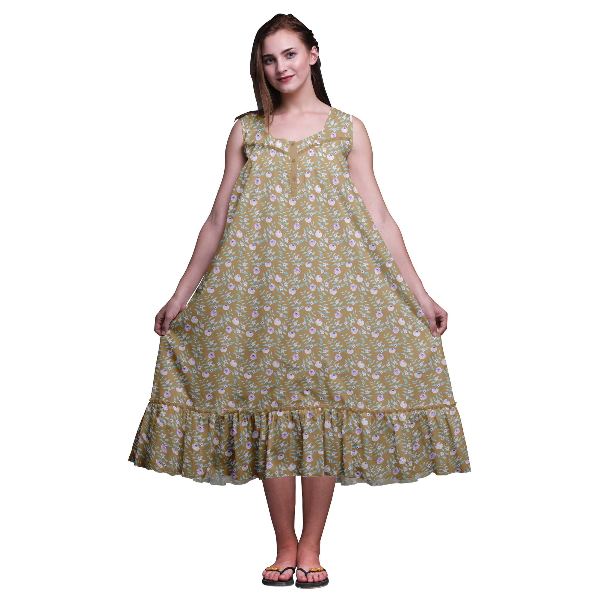 Bimba Light Brown Floral Leaf Mid Calf Nightwear Ladies Cotton Printed Sleeveless Night Gown Maxi Dress XXX-Large