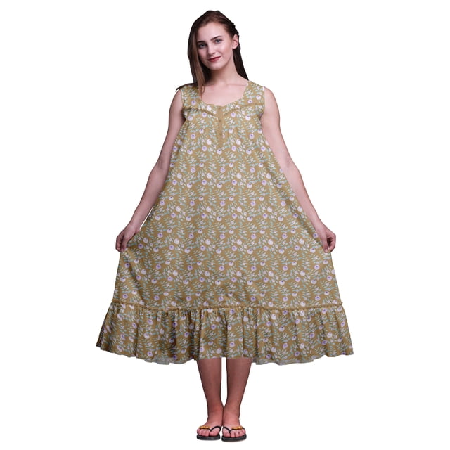 Bimba Chemises de Nuit en Coton Brun Clair à Imprimé Floral et Feuilles pour Femmes, Robe Sans Manches, Tenue de Nuit, Robe Maxi, XX-Grand
