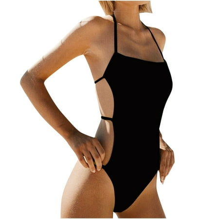 HTNBO Women s Swimsuits Sexy 2023 Backless Thong Bikini Swimsuit Black M