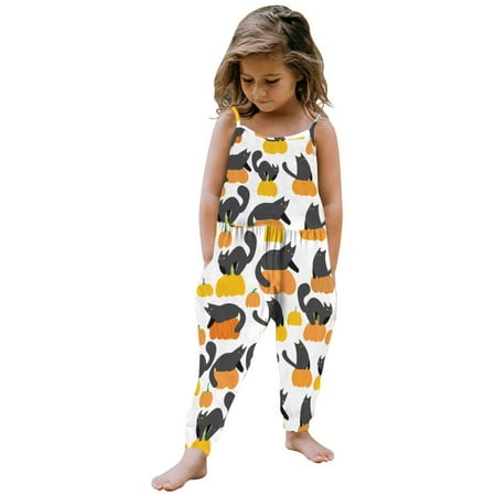 

TMOYZQ Toddler Baby Girls One Piece Suspender Jumpsuit Outfit Summer Cute Sleeveless Bodysuit Casual Soft Halloween Pumpkin Print Romper Loose High-Waisted Pants with Pockets