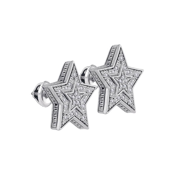 Sterling Silver Mens Round Diamond Star Cluster Stud Earrings 1/10 Cttw