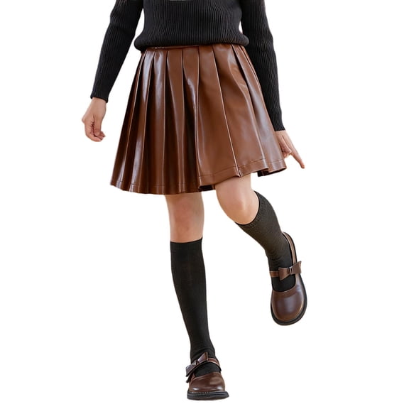 Girls' Faux Leather Pleated Skirt (3-14 Years) High Waisted Mini A-Line Skirt Fashion Cute Skirt for Urban Outings