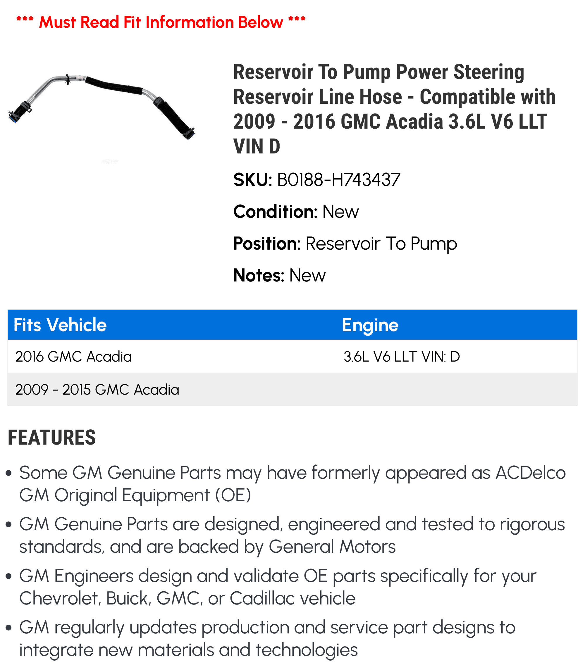 Reservoir To Pump Power Steering Reservoir Line Hose - Compatible with 2009 - 2016 GMC Acadia 3.6L V6 LLT VIN D - AC Delco
