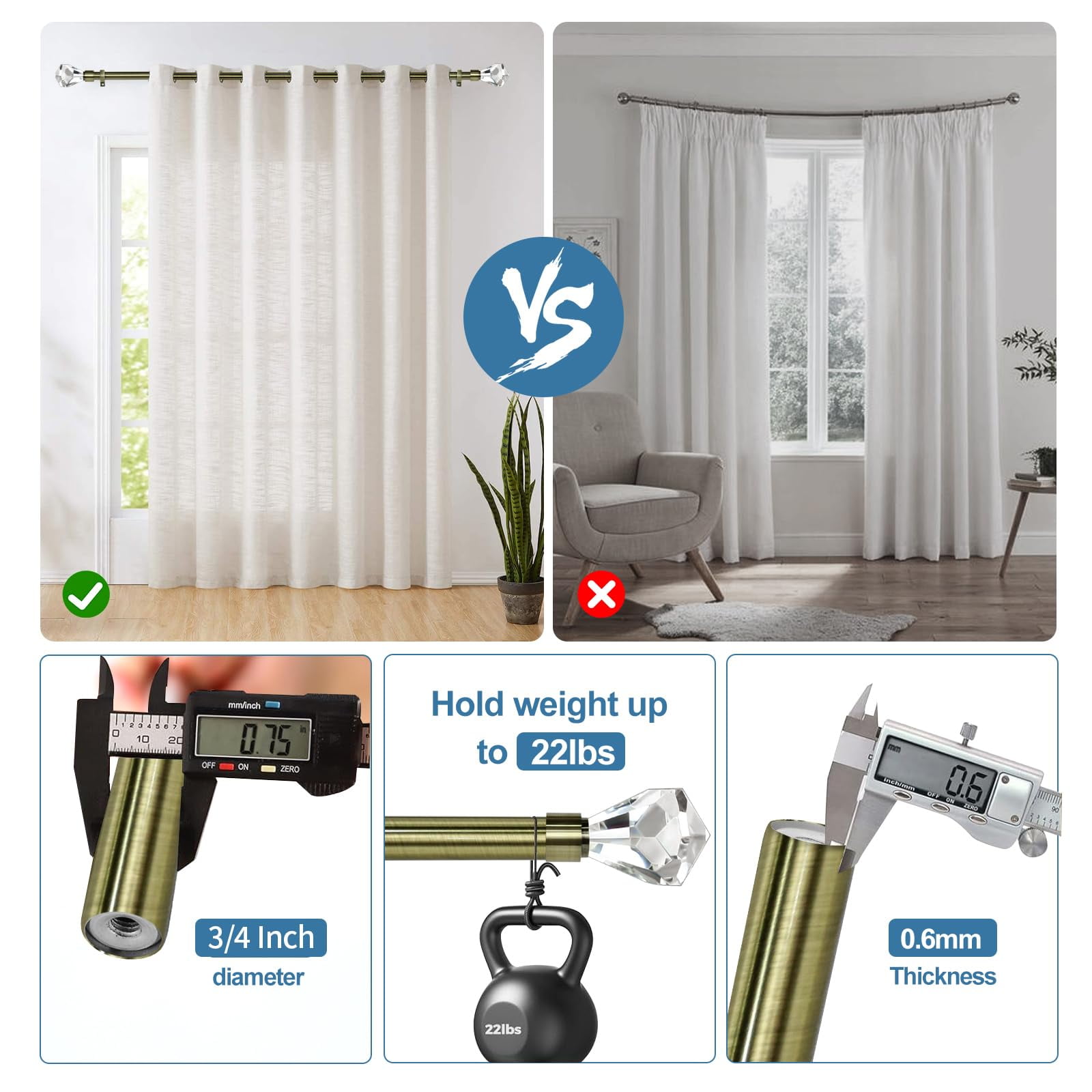 Urbanest Real Crystal Diamond-cut Elegant Designer Curtain Rod – Solid Metal Rod with Genuine Crystal Finials – 3/4" Adjustable , Heavy-Duty, Decorative, Sparkling Design, 48" to 84", Antique Brass