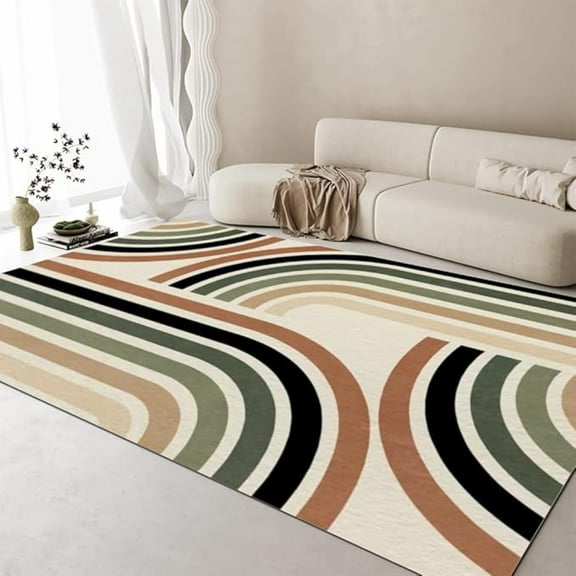 Bohemian Abstract Rainbow Area Rug, Mid-Century Modern Colorful Curved Lines Washable Rugs, Non Slip Soft Indoor Floor Carpet For Living Room Office Dining Room Bathroom 3x4ft