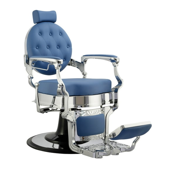 TRUMAN Vintage Barber Chair, Reclining Heavy Duty Barber Chair, Blue Seat Silver Frame