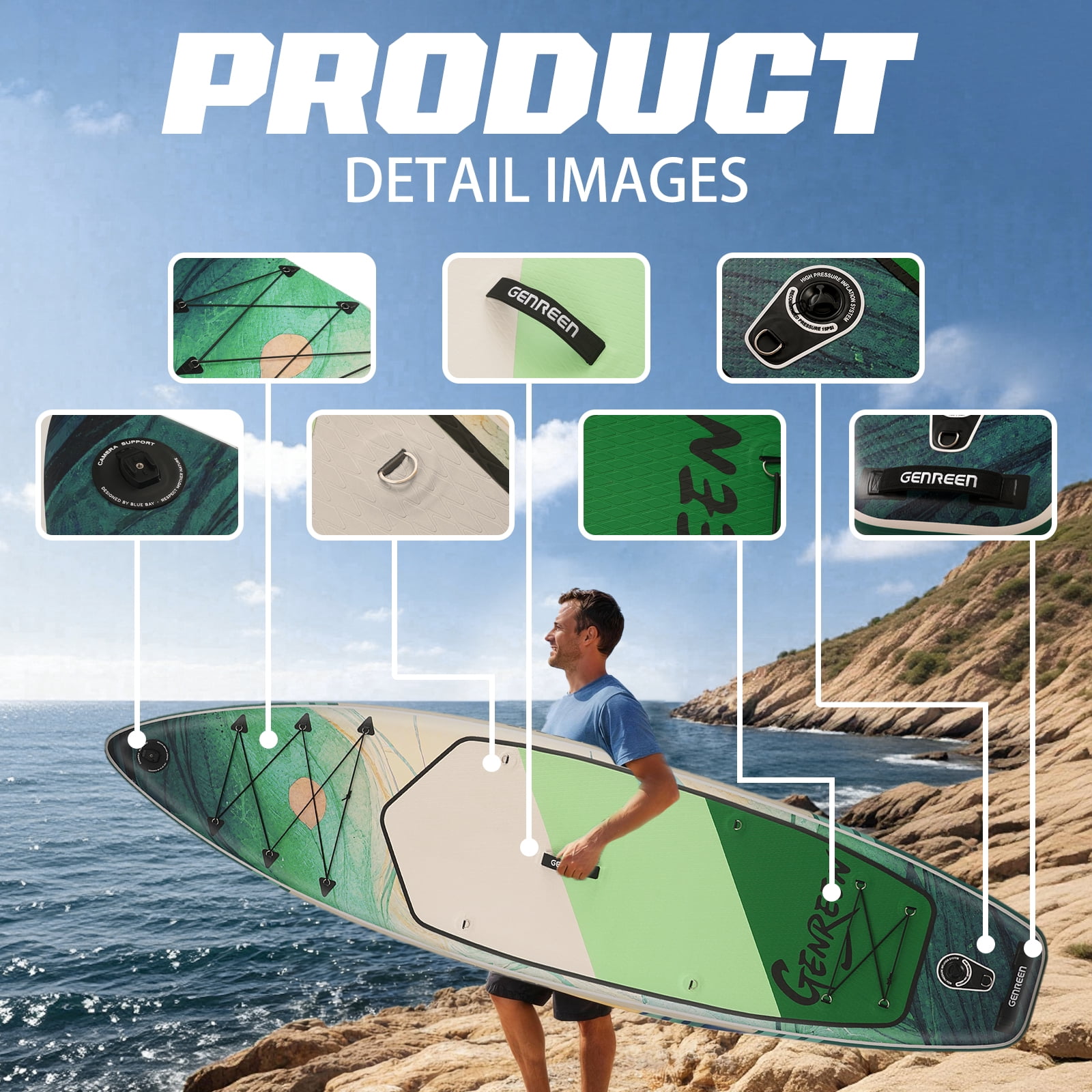 Genreen 11ft Inflatable  Stand up Paddle Board, Fishing Paddle Board with  SUP Accessories for Youth & Adults