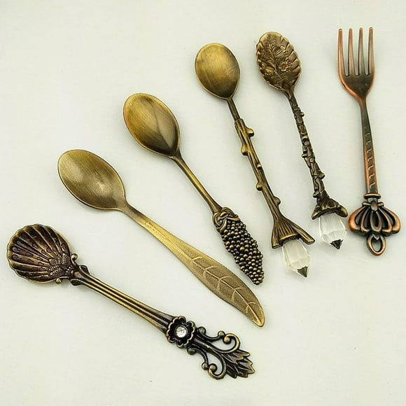 6pcs Bronze Carved Eco-Friendly Small Tea Coffee Spoons Food Fork Mixing Scoop