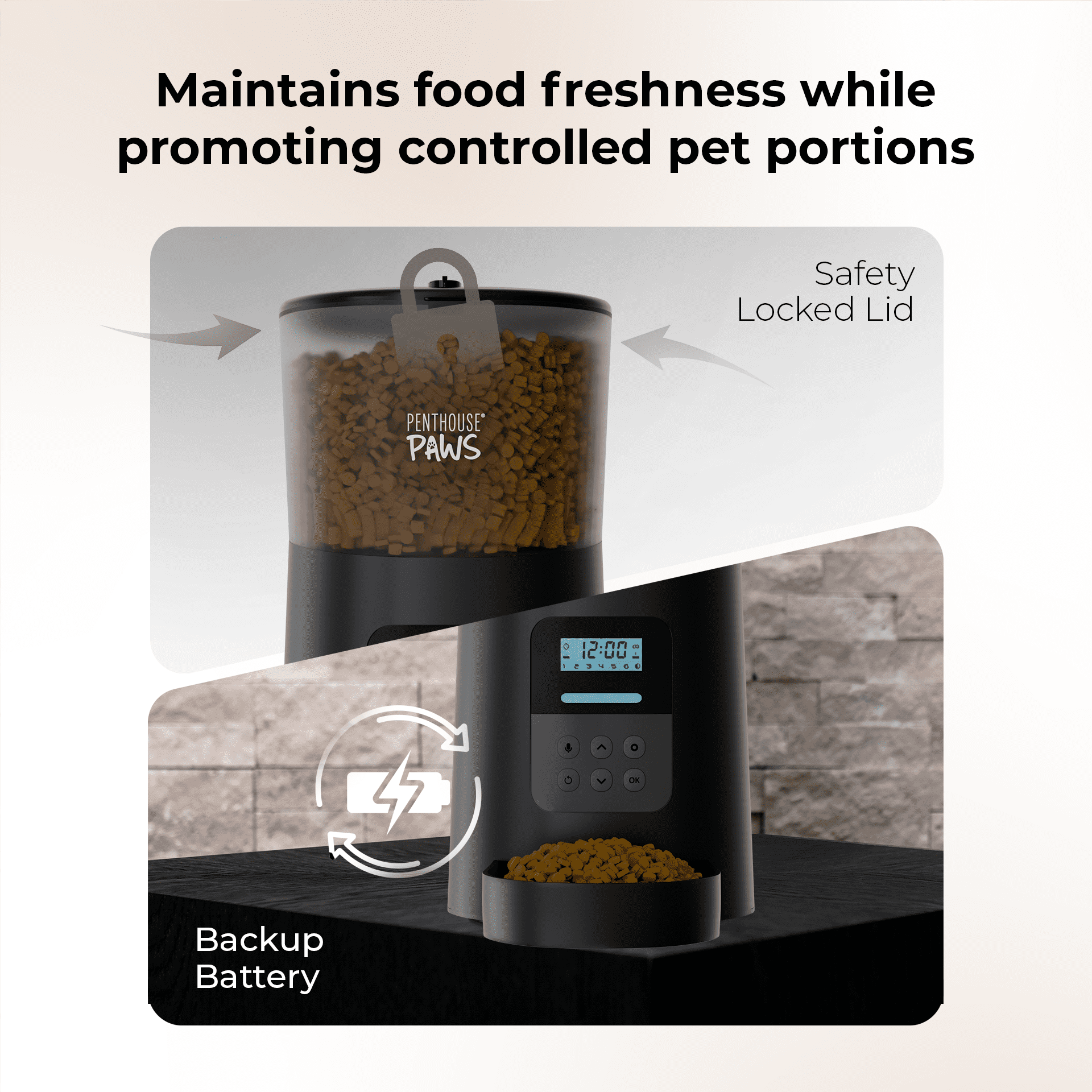 Penthouse Paws® Automatic Pet Food Feeder, 6L Capacity, LCD Panel, Voice Recording, Twist-Lock Seal, Backup Power, 15 Meals/Day, Black, for Cat & Dog