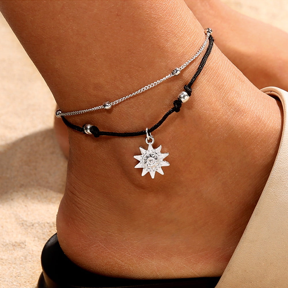 Women Double-layer Ankle Bracelet Bohemian Sun Anklet Chain Foot Jewelry G 