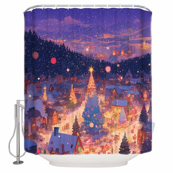 Christmas Winter Shower Curtain, 36" x 72", Xmas Tree Street Night Winter Snowflakes Waterproof Bathroom Curtain Washable Shower Curtain Set with 12 Hooks