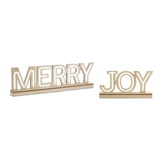 Melrose 94256DS 13.5 x 6.5 in., 24 x 6.5 in. MDF 2 AA Batteries Not Included & USB Cord Included LED Joy & Merry, Beige & White - Set of 2