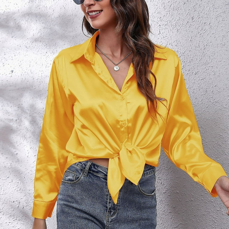 Women Satin Shirt Button Down Long Sleeve Tops Collared Solid Silk Shirt  Elegant Work Office Business Casual Blouse Blouses & Shirts Ladies Clearance