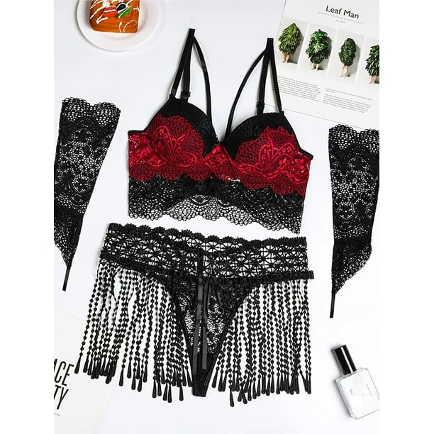 5-piece Sexy Contrast Color Lace Hollow Sex Matching Lingerie Set,  Breathable Jacquard Bra & Sheer String Bikini Panty & Tassel Skirt &  Sleeves, Women's Sexy Lingerie & Underwear 