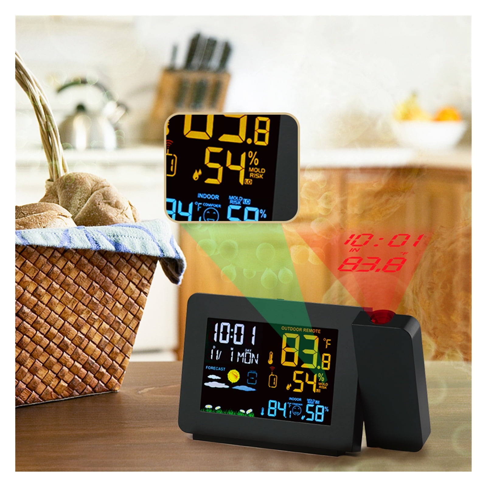 2 Outdoor Sensors Projection Alarm Clock Weather Station Colorful Backlight With Humidity indoor Temperature Time Projector ,Easy to Operate