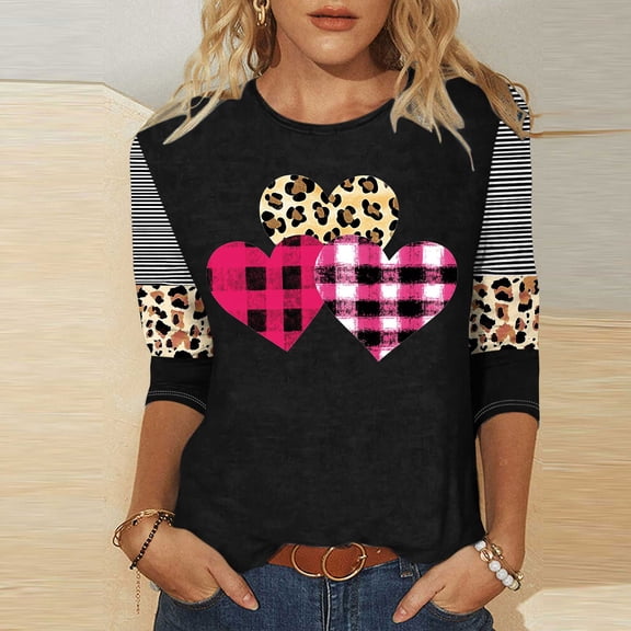 HaoXianJian Valentine's Day Shirt Women Plaid Love Heart Graphic Tees 3/4 Sleeve Tee Tops Crewneck Pullover Casual T-Shirts Size 2X 3X