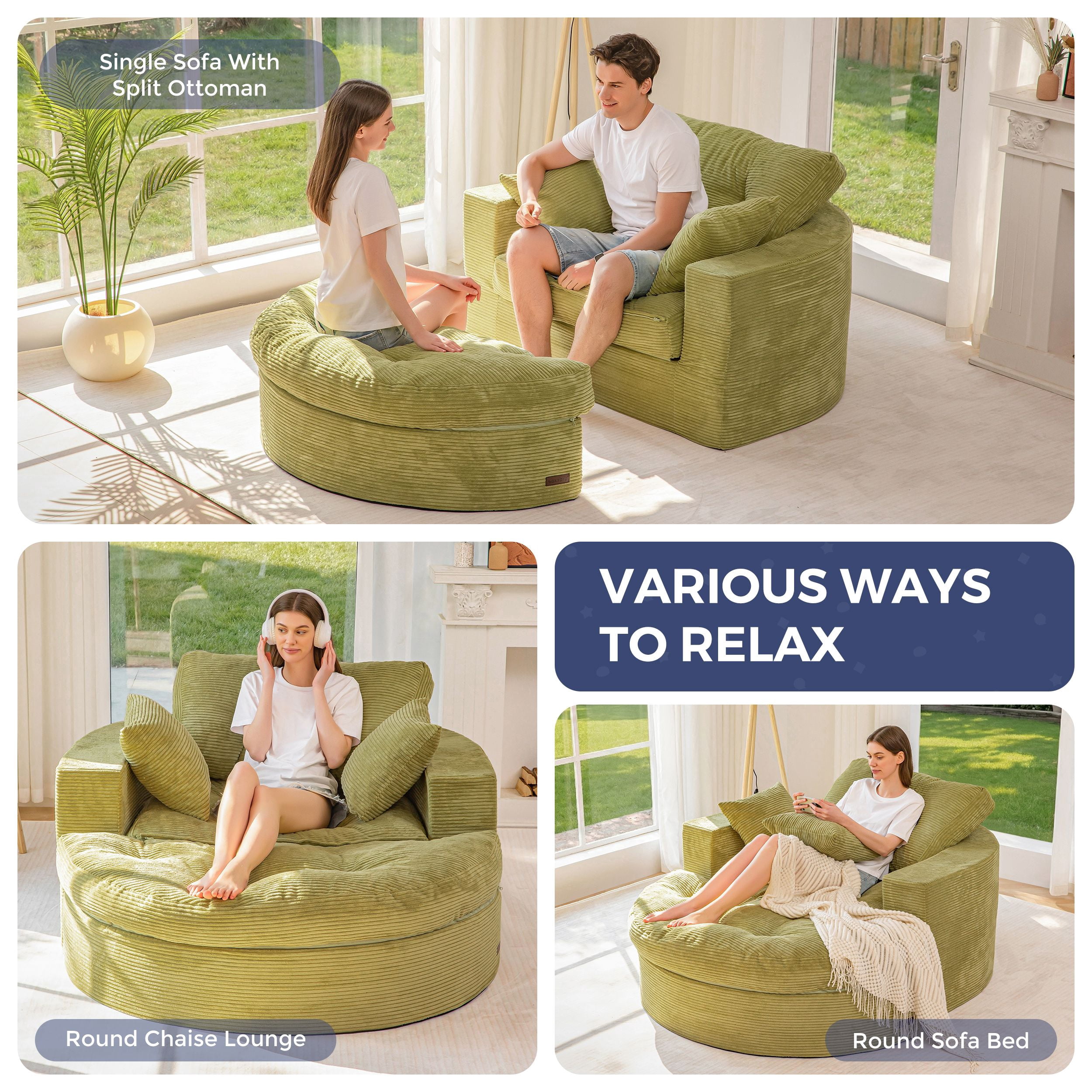 BYBYME 49''Round Chaise Lounge Chair,Corduroy Sofa Bed With Deep Seat,Upholstered Boneless Chaise Indoor,Cozy Sleeper Couch for Living Room with Ottoman,Green