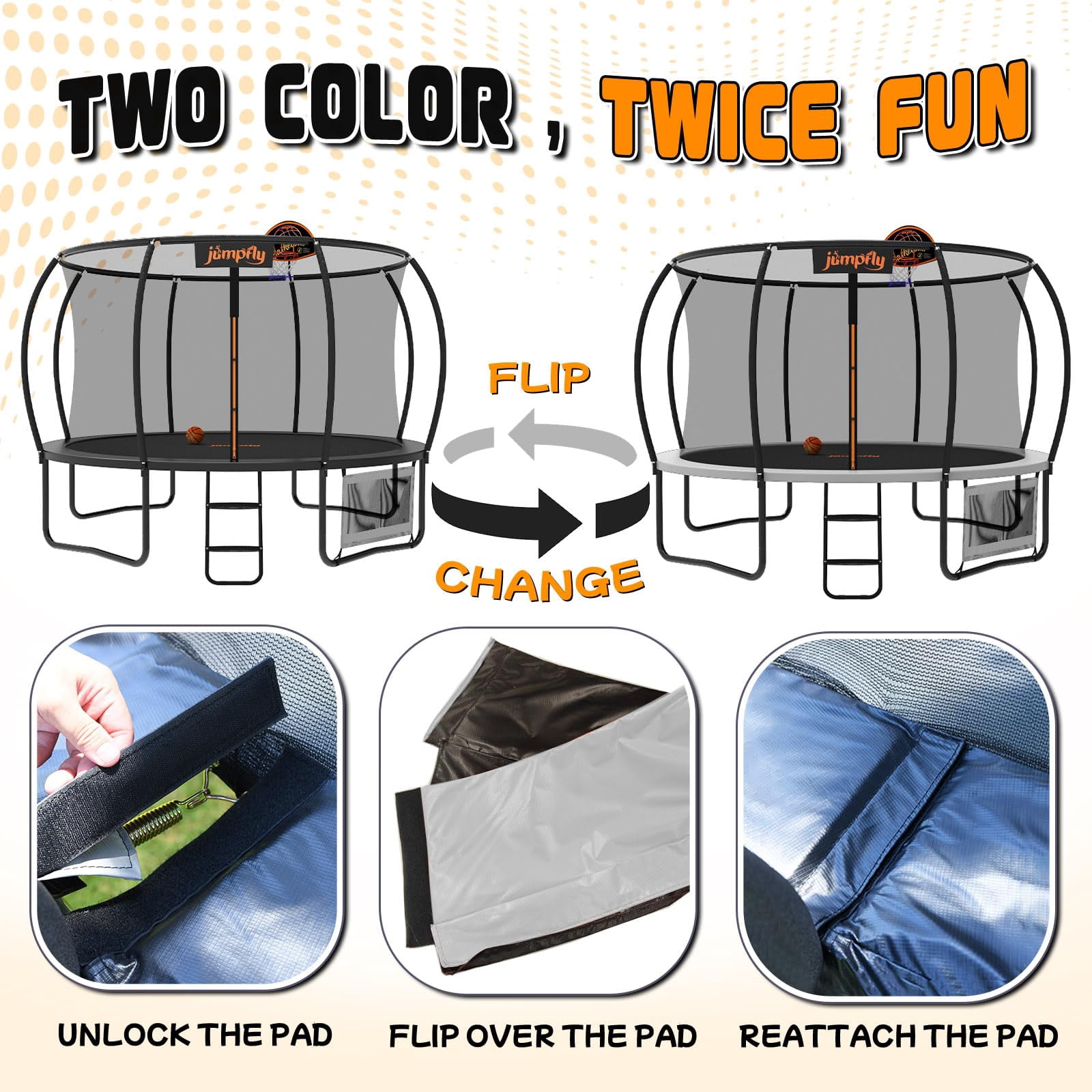 Jumpfly Trampoline 10FT for Kids and Adults with Basketball Hoop,Safety Enclosure Net, Anti-Rust,Black
