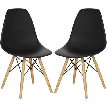 Mid Century Modern Dining Chairs Set of 2, DSW Chairs Plastic Shell Chairs with Wood Legs, Pre Assembled Armless Side Chairs for Dining Room, Living Room, Kitchen (Black)