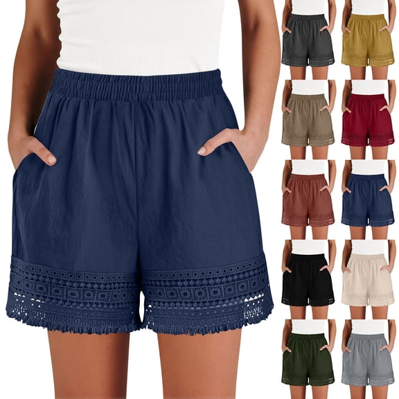 Womens Casual Shorts Wide Leg Bermuda Shorts Elastic High Waist Lace Trim Summer Beach Shorts with Pocktes, S