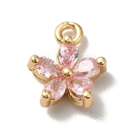 Brass Cubic Zirconia Flower Charms Real 18K golden Plated Bauhinia Charm Pink 10x8x3mm Hole: 1.2mm